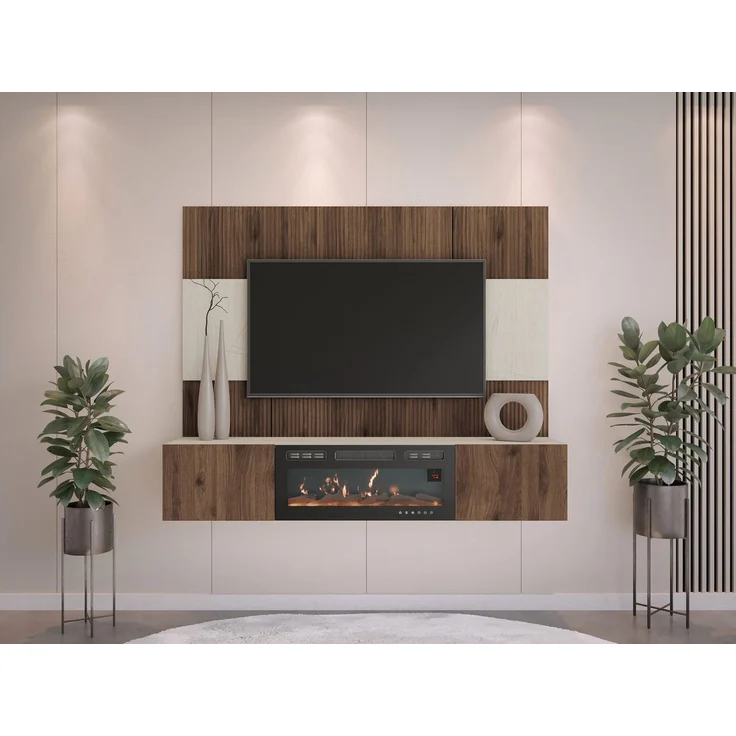 Wohnwand Deromi III mit Kamin (Farbe: Nuss Okapi + Travertin) – Bild 3
