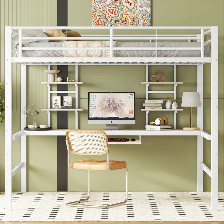 Hochbett 140x200 cm mit Schreibtisch und 2 Regalen – Metallbett in Weiß – Bild 4