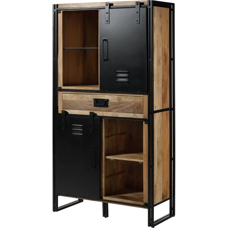 Wohnzimmerschrank Mango 105x45x195 natur klar lackiert / Metall schwarz BLACKBURN #105