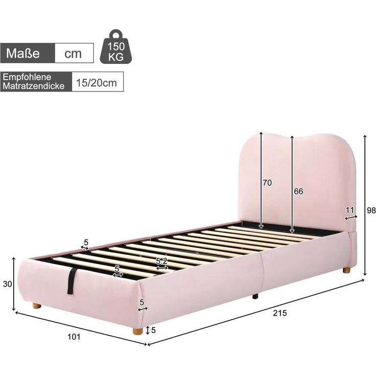 CHICFURN Polsterbett Samt Rosa 90x200 cm mit hydraulischem Stauraum und Lattenrost – Bild 10