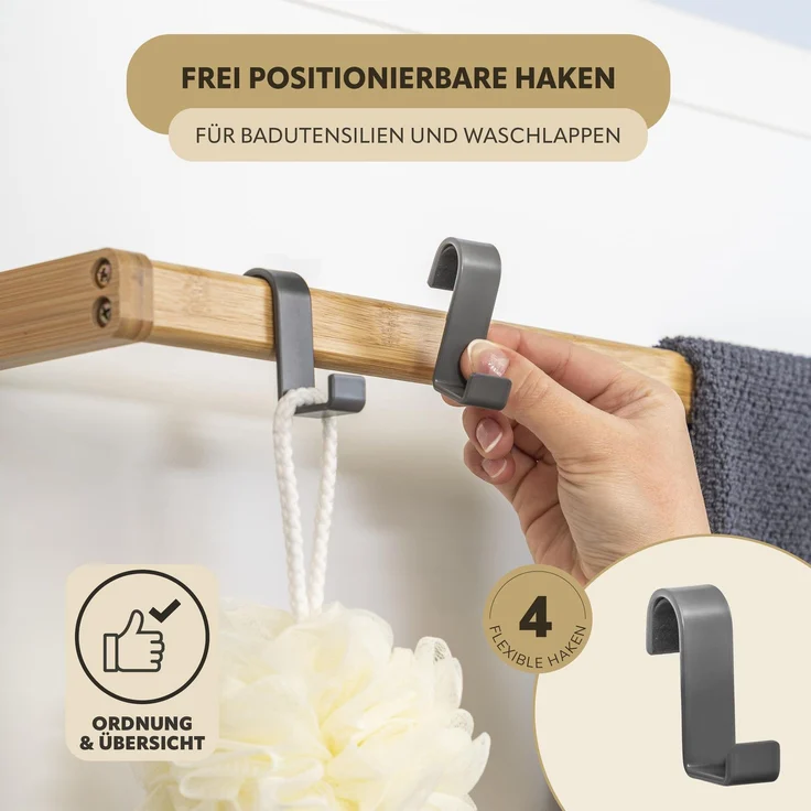 Tür-Hängeregal aus Metall und Bambus, 2 Handtuchstangen, 4 Haken, grau – Bild 4