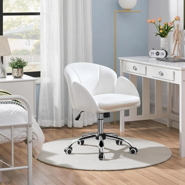 Yaheetech Homeoffice Stuhl Schminkstuhl Schreibtischstuhl höhenverstellbar Drehstuhl bis 136 kg Belastbar, SamtStuhl mit Armlehnen und Rückenlehne für Schlafzimmer Büro Wohnzimmer, Weiß – Bild 4