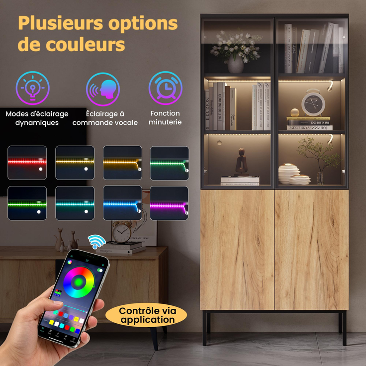 Vitrine mit Glastüren, 180 cm hoher Schrank mit LED-Leuchten, Bücherregal, 5-stöckige Glasvitrine für Sammlerstücke, Bücherregal, Büro, Schwarz/Eiche--Schwarz, Eiche--74x31x180cm--YOUDENOVA – Bild 8