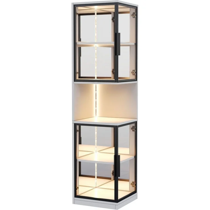 Flieks Eckvitrine Glasvitrine mit LED-Beleuchtung und Glastüren, verspiegelter Rückwand (1-St, 42x44x205 cm) Standvitrine Eckschrank Hochschrank Sammlervitrine mit 5 Fächern Weiß – Bild 3