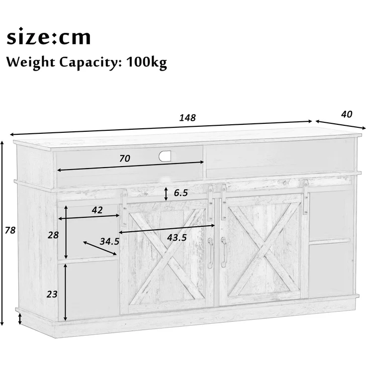 TV-Schrank 148 x 40 x 78 cm für Fernseher bis 65 Zoll, Rustikales Design mit Schiebetüren, 8 Ablagefächern, 2 höhenverstellbaren Regalen – Bild 8