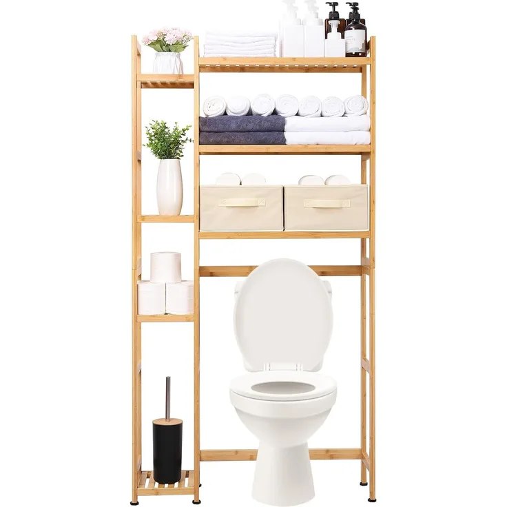 Yorbay Badregal Toilettenregal aus Bambus, Weiß WC Regal Badregal 79x23,3x166 cm, mit 2 Körben, mi 7 Ablagen, Multifunktional, Badezimmerregal, Verstellbar Badregal