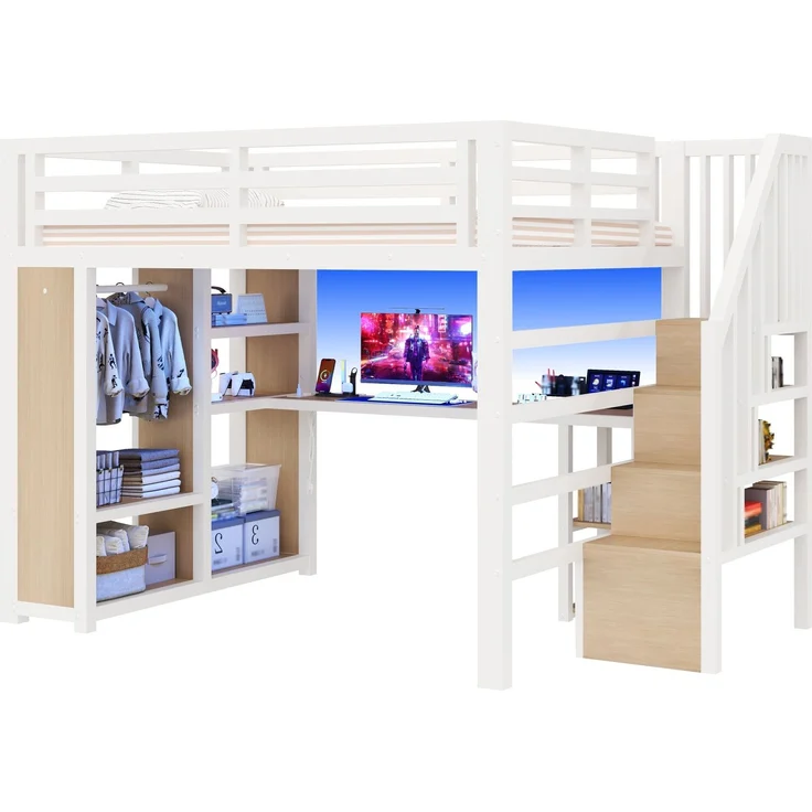 140x200 cm großes Gaming-Hochbett aus Metall mit LED-Beleuchtung, USB, Schreibtisch, offenem Kleiderschrank, Treppe und Staufächern, Weiß – Bild 4