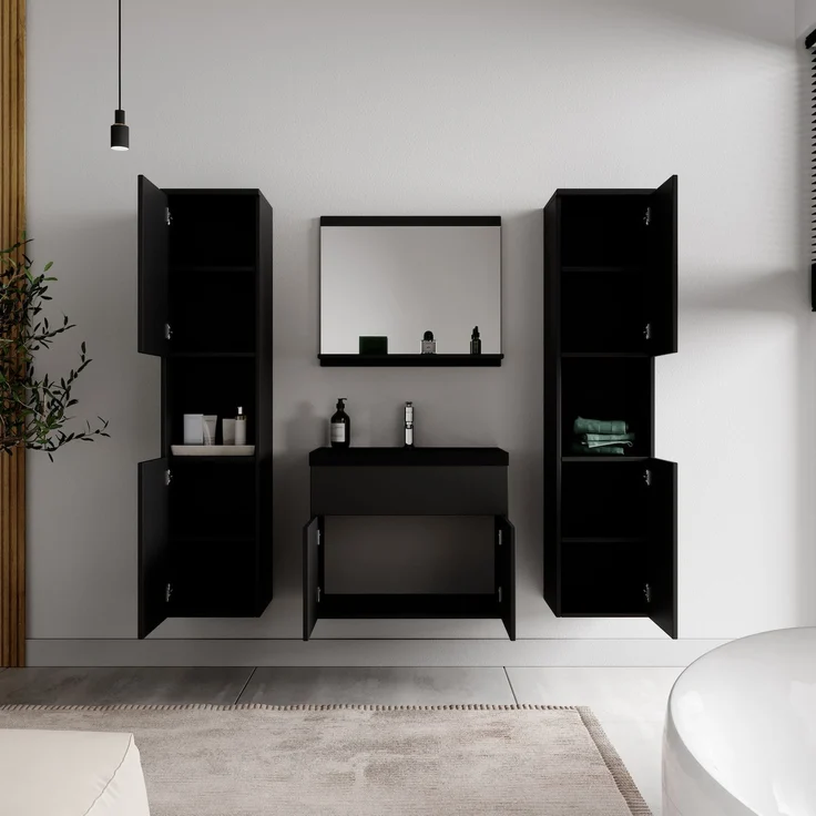 Badplaats Badmöbel Komplettset Montreal XL 60x35 cm Schwarz Matt - Badezimmermöbel mit Schwarze Waschbecken, Spiegel und 2 Badezimmerschränke – Bild 4