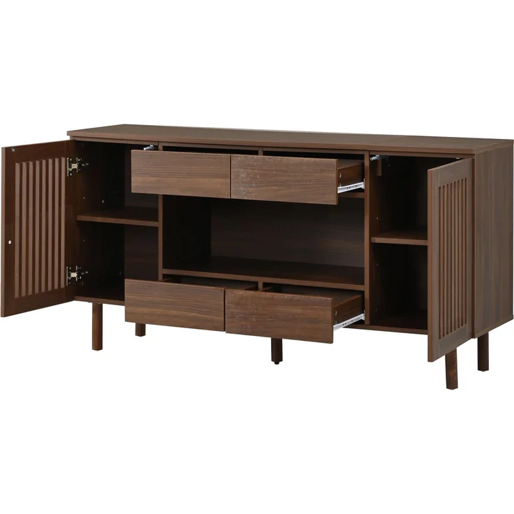 DESVIAE Sideboard Walnussholzfarbe aus MDF – 140x71x35 cm – 4 Schubladen, Lamellentüren – Bild 7
