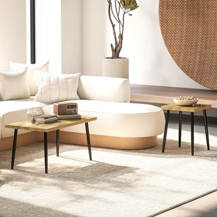 HOMCOM Couchtisch-Set, Naturholz, 2 Tische mit 3 cm dickem Holzplatten und schwarzen Metallbeinen, 90x45x50 cm und 40x40x50 cm – Bild 7