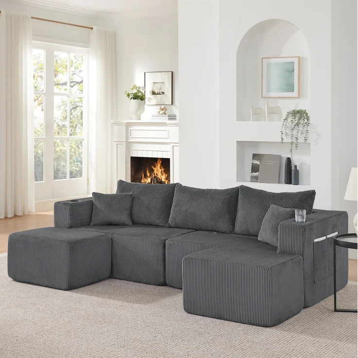 DESVIAE Sofa 3-Sitzer mit beweglichen Ottomanen, Cordstoff, Grau, mit Getränkehaltern und Seitentaschen, 230 x 138 x 75 cm – Bild 3