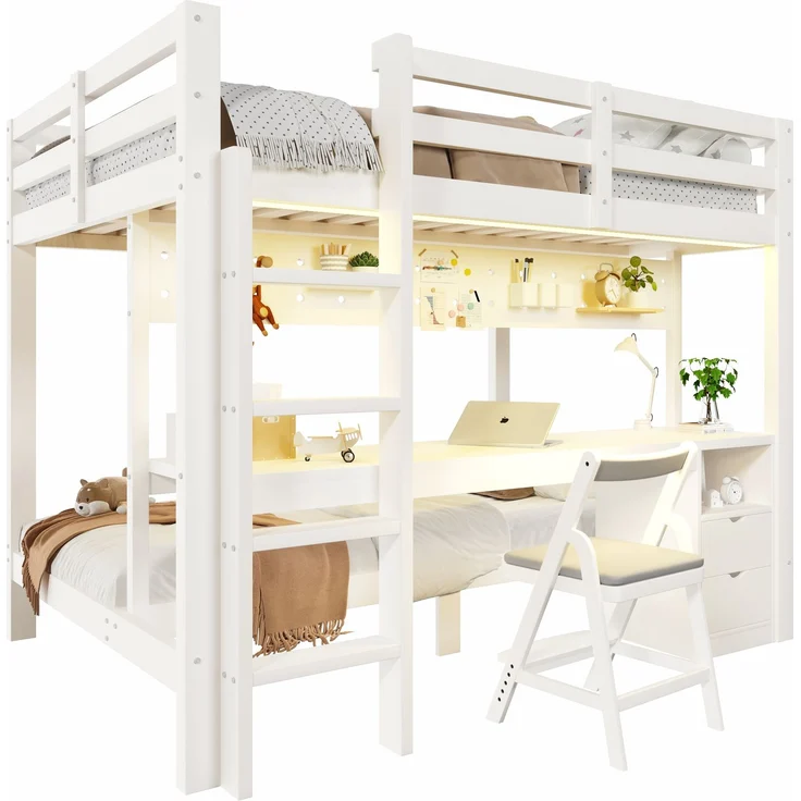 Merax Etagenbett, Hochbett, Kinderbett 90x200 cm & 140x200 cm, mit Schubladen und Schreibtisch, ausgestattet, inklusive LED-Lichtleiste, (Keine Stühle), Weiß – Bild 10