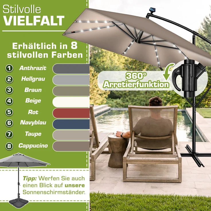 tillvex® Alu Sonnenschirm Rechteckig Ø 330 cm mit LED Solar Cappuccino + Abdeckung mit Kurbel | Ampelschirm mit Ständer & Windschutz | Gartenschirm UV-Schutz, wasserdicht, 360° drehbar | Kurbelschirm Marktschirm – Bild 5