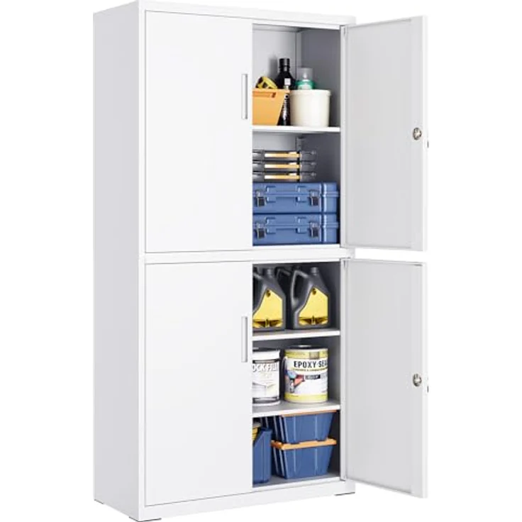 SONGMICS Aktenschrank, Mehrzweckschrank, Büroschrank, mit 4 Türen und 5 Ebenen, 40 x 80 x 180 cm, 2 Schlösser, verstellbare Ablagen, Aufbewahrungsschrank aus Stahl, mattweiß OMC016WG01 – Bild 2