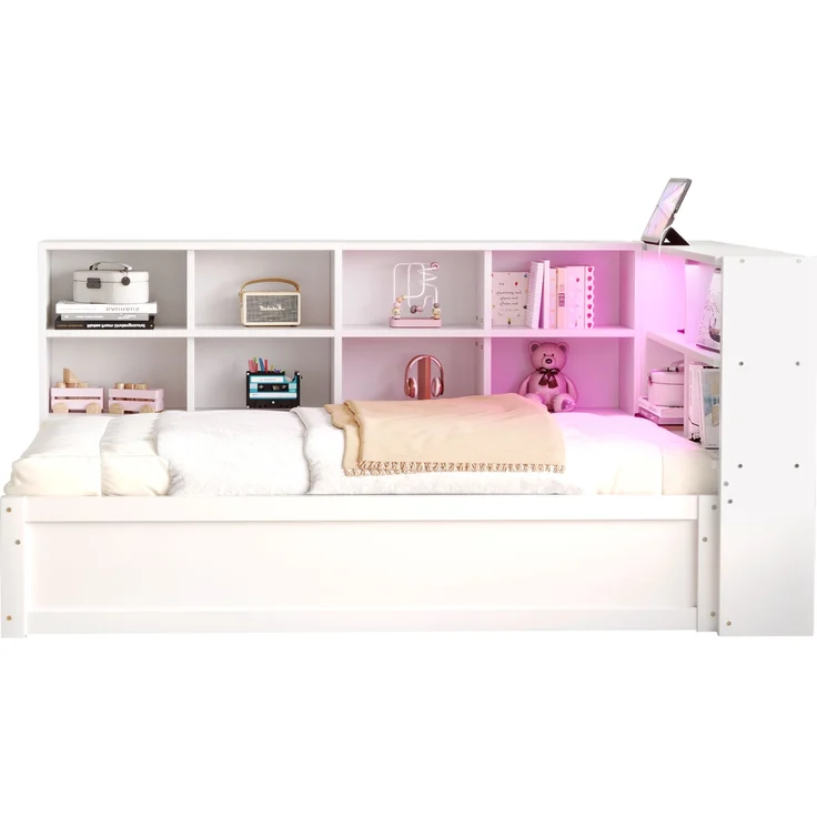 Bett 90x200 cm mit Stauraum und LED-Lichtleiste – multifunktionales Schlafsofa aus Kiefernholz in Weiß – Bild 8