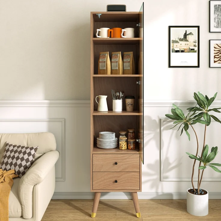 Vitrinenschrank aus MDF in Holzoptik mit Glastür, 3 höhenverstellbaren Einlegeböden und 2 Schubladen,H 160 x T 39.8 x B 35 cm – Bild 3