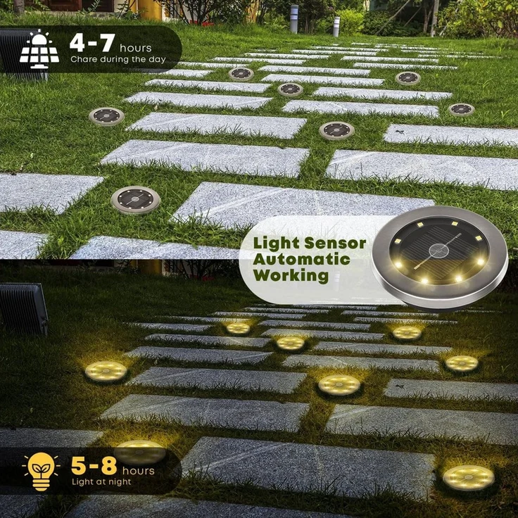 LQWELL LED Gartenstrahler LED Solar Bodenleuchte Außen für Garten, LED fest integriert, Warmweiß 8 Stück 8 LED Solarlampen Dekorative Gartenbeleuchtung, für Gras Gänge Gehwege Einfahrten Gärten – Bild 3