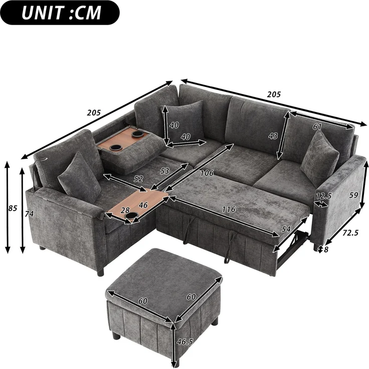 Merax Chenille-Ecksofa, 205cm L-förmiges Sofa mit Schlaffunktion, Ausziehsofa mit Hocker, Leselampe, USB&Type-C, Ausgestattet mit verstecktem Tisch, Ausklappbarer Couchtisch mit zwei Getränkehaltern, Grau – Bild 4