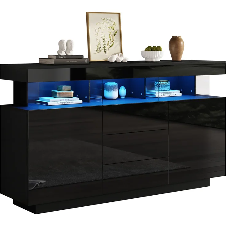ZUBALIYA Sideboard 140x35x80 cm, mit LED-Beleuchtung, Hochglanz, aus Spanplatte, Schwarz – Bild 7