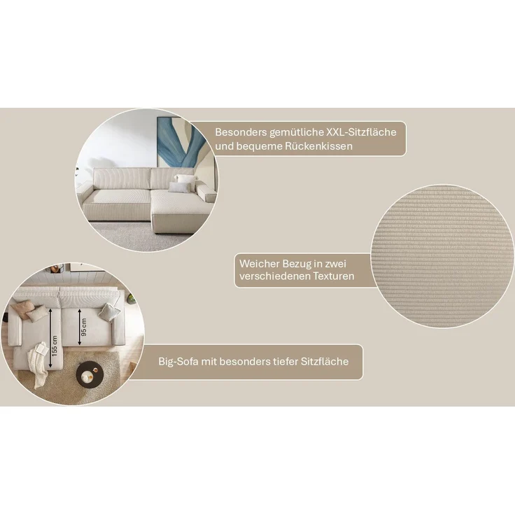 Home affaire Ecksofa NEU: SHERWOOD XXL 284, Big-Sofa L-Form, tiefe Sitzfläche 95 cm, Cord, Recamiere rechts/links, als Schlafsofa stellbar, Cord u. Leinenoptik – Bild 3