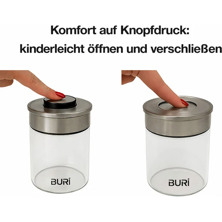 BURI Vorratsglas Vakuumglas 6er Set 1000ml | Vorratsdosen Glas mit Edelstahl Deckel & Vakuum Klick-Mechanismus | Luftdicht mottensicher auslaufsicher stapelbar spülmaschinenfest – Bild 5