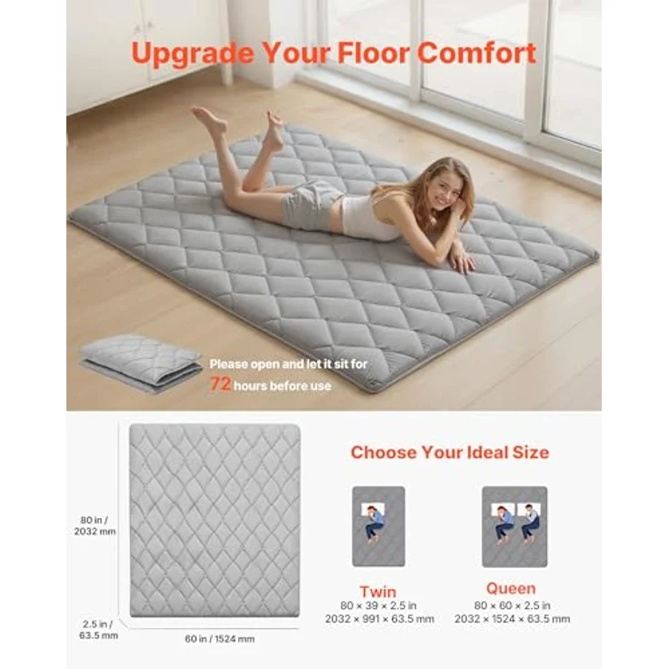 VEVOR japanische Futon-Matratze (2032 x 1524 x 63,5 mm), Faltbare Tatami (Queen Size), Bodenmatratze mit Aufbewahrungstasche & Befestigungsmaterial, 9-lagige Schlafmatte für Meditation Yoga, Grau – Bild 2