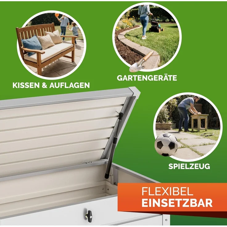 Gardebruk Gartentruhe aus pulverbeschichtetem Metall, 360L, abschließbar, weiß, 120 x 62 x 63 cm – Bild 8