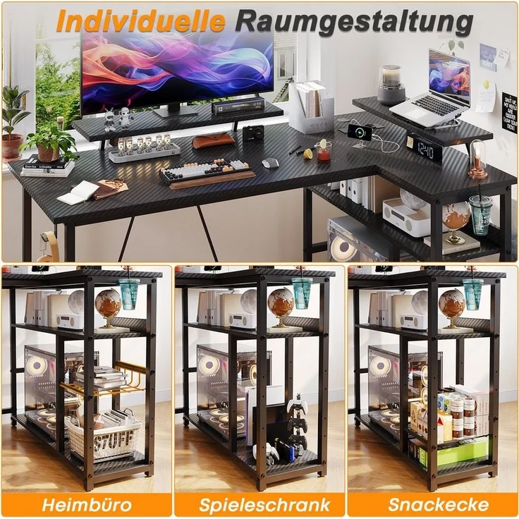Furnicopia Eckschreibtisch L-förmiger Gaming-Schreibtisch mit Stauraum, Steckdosen und LED (120/140 cm großer Schreibtisch mit zwei Monitorhalterungen, zwei Ablagen, einer verstellbaren Ablage, einem Becherhalter und einem Kopfhörerhalter) – Bild 3