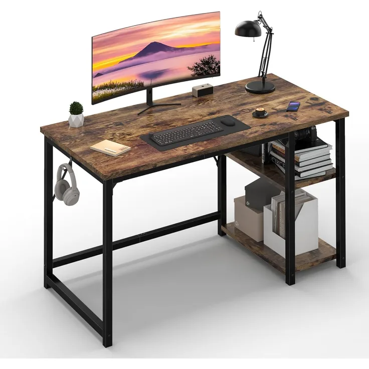 JUMMICO Schreibtisch 120cm mit Regalen, Tisch mit Stauraum, stabile Stahlkonstruktion – Rechts- oder Linksschreibtisch – Rustikales Braun