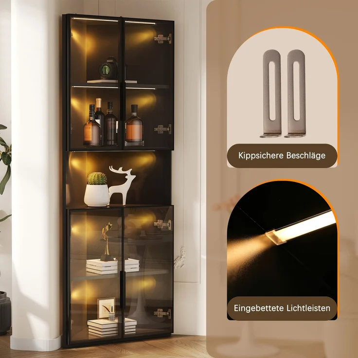 ZUBALIYA Dreieckige Vitrine 62x32x160cm – Schwarzer Eckschrank mit Glasfront, LED-Beleuchtung, Offener Mittelbereich – Display-Schrank für Sammlerstücke, Gläser & Dekoration – Bild 3