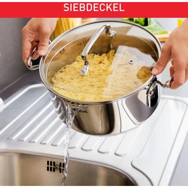 Tefal Topf-Set Duetto+ G719S7, Edelstahl 18/10 (Set, 7-tlg, Kochtopf mit Glasdeckel 16/20/24 cm, Stielkasserolle 16 cm), hochwertiger Edelstahl, hochglanzpoliert, Glasdeckel mit Siebfunktion – Bild 3