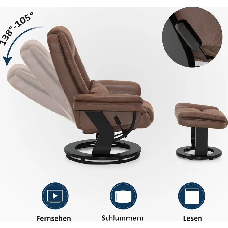M MCombo Relaxsessel mit Liegefunktion, Lesesessel, 360° Drehbarer Fernsehsessel, mit Hocker, mit Kissen & Seitentasche, 9099 (Braun-Mikrofaser) – Bild 4