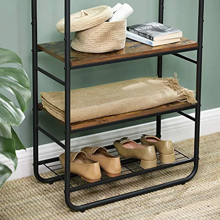 Vasagle Garderobenständer, Garderobe, Kleiderständer, mit Schuhablage, Schuhregal, Flur, Schlafzimmer, 58 x 28 x 181 cm, Industrie-Design, vintagebraun-schwarz HSR81BX – Bild 6