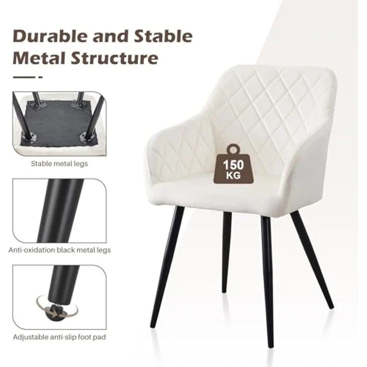 TUKAILAI Esszimmerstühle 2er Set, Küchenstühle Samt,Polsterstühle Wohnzimmerstühle Sessel mit Armlehnen Rückenlehne Metallbeinen, für Küche Esszimmer Wohnzimmer, bis 120kg,Creme – Bild 9