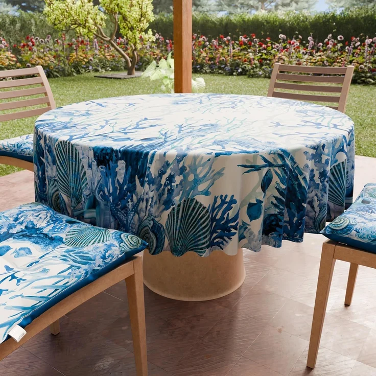 PETTI Artigiani Italiani - Fleckabweisende runde Tischdecke aus Mikrofaser (Durchmesser 180 cm), Küchentischabdeckung für runde Tische mit blauem Korallendesign, 100% Made in Italy