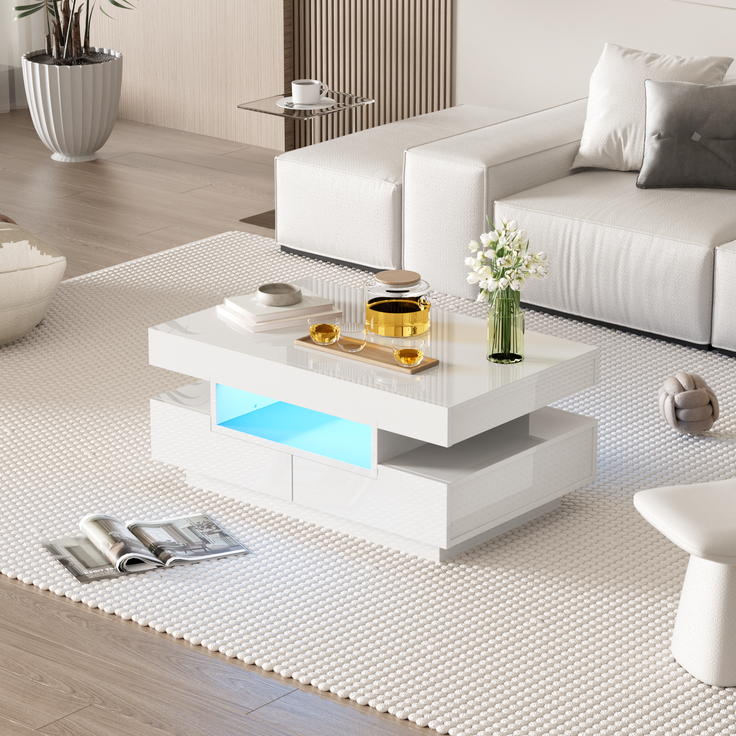 Couchtisch mit LED Beleuchtung Weiß Hochglanz Wohnzimmer Tisch mit Schubladen und offenen Fächern – Bild 3