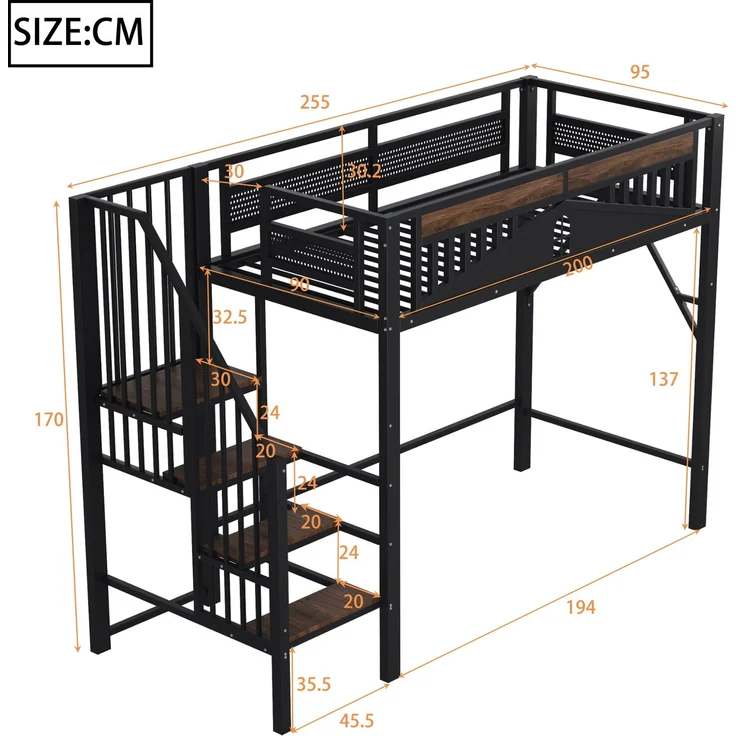 Metall-Hochbett 90x200 cm, Einzigartige Sicherheitsumrandung mit Fenster, Mit Sicherheitsleiter, Genügend Platz unter dem Bett für freien Stoffbezug, Schwarz – Bild 8