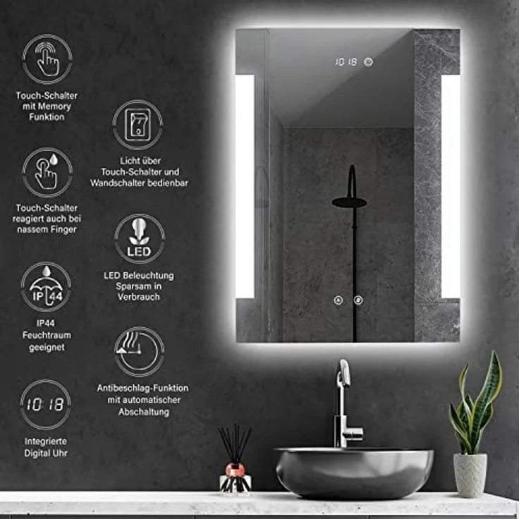 HOKO® Beleuchteter Kosmetikspiegel mit LED-Beleuchtung, mit Digitaluhr, beschlagfrei, 50 x 70 cm, Energieklasse A+ 016A – Bild 2