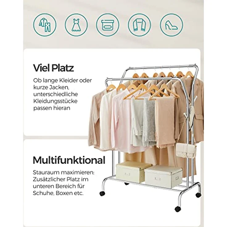 SONGMICS Kleiderständer auf Rollen, 2 Kleiderstangen, Garderobenstange, Garderobenständer aus Stahlrohren, bis 100 kg belastbar, 103,5 cm breit, multifunktionale Aufbewahrung, silbern HSR107E01 – Bild 4
