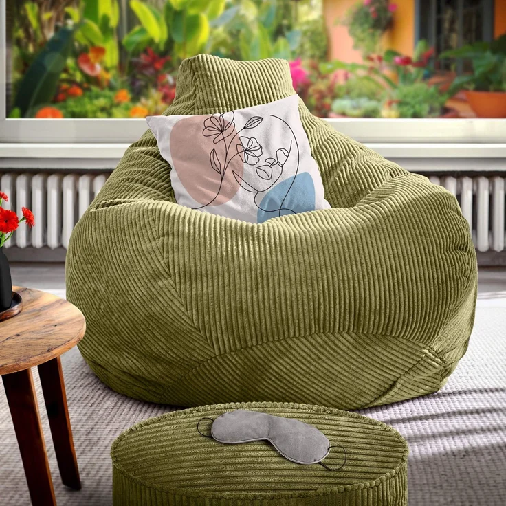 Green Bean® Sitzsack mit Hocker aus Cord - Sitzsäcke für das Wohnzimmer, Schlafzimmer, Sitzsack-Sessel für Erwachsene Grün – Bild 7