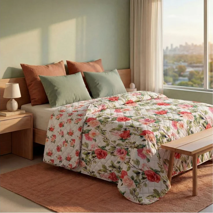 Delindo Lifestyle Tagesdecke Rosenmuster, Bettüberwurf 140x210 oder 220x240 oder 240x260, Digitaldruck, Florales Rosenmuster, Gesteppt, Leicht, Wendbar – Bild 4