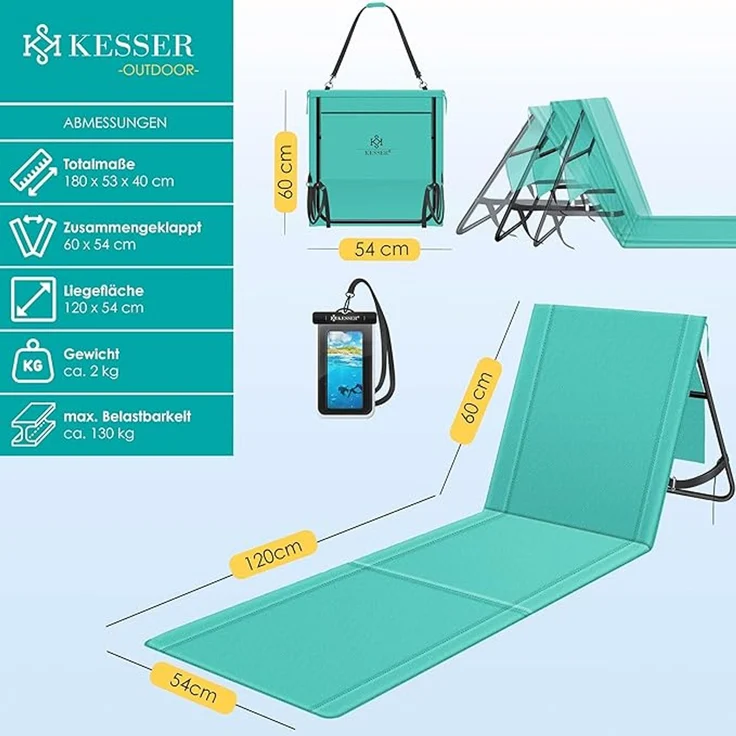 KESSER® Strandmatte, klappbar mit verstellbarer Rückenlehne, faltbar mit Tragegurt, wasserdichter Handyhülle & Aufbewahrungstasche, bis 130kg, Blau, 180cm x 53cm x 40cm – Bild 7
