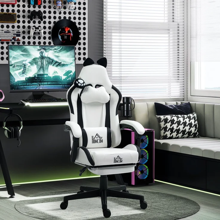 MELAYR, Ergonomischer Gaming-Stuhl mit Katzenohren, Gaming-Stuhl mit verstellbarer Rückenlehne, 65 x 62 x 124 cm, Weiß – Bild 3