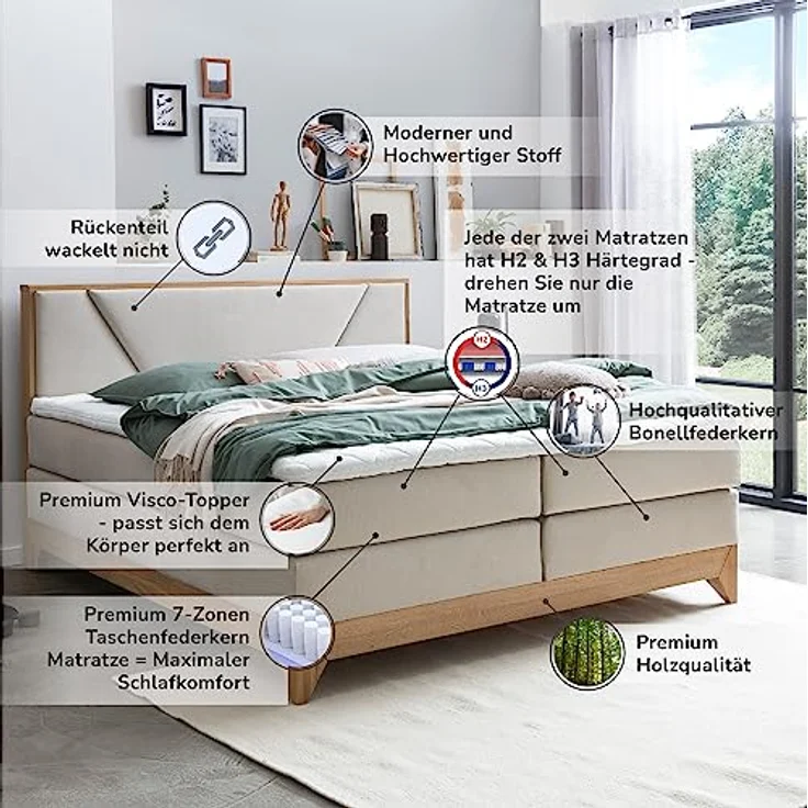 Belanoti Boxspringbett Riviera (Boxspringbett 180x200 Eiche 7-Zonen Taschenfederkern Matratze inkl, Visco Topper Bett 180x200 in der Farbe Beige H2/H3 Polsterbett), Hotelbett mit Massivholz Eiche Massivholzbett – Bild 6