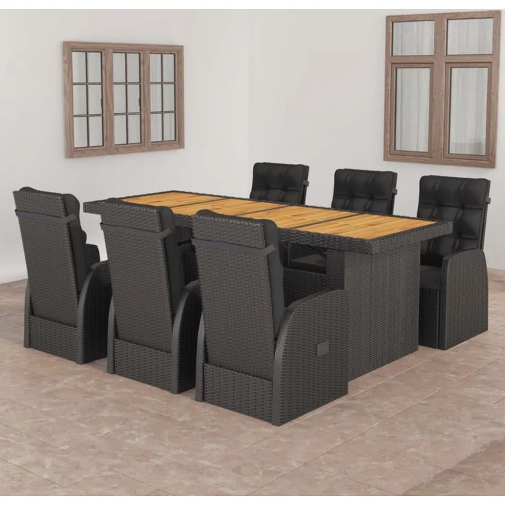 vidaXL 7-tlg. Garten-Essgruppe mit Auflagen Poly Rattan Schwarz 3059346 – Bild 1