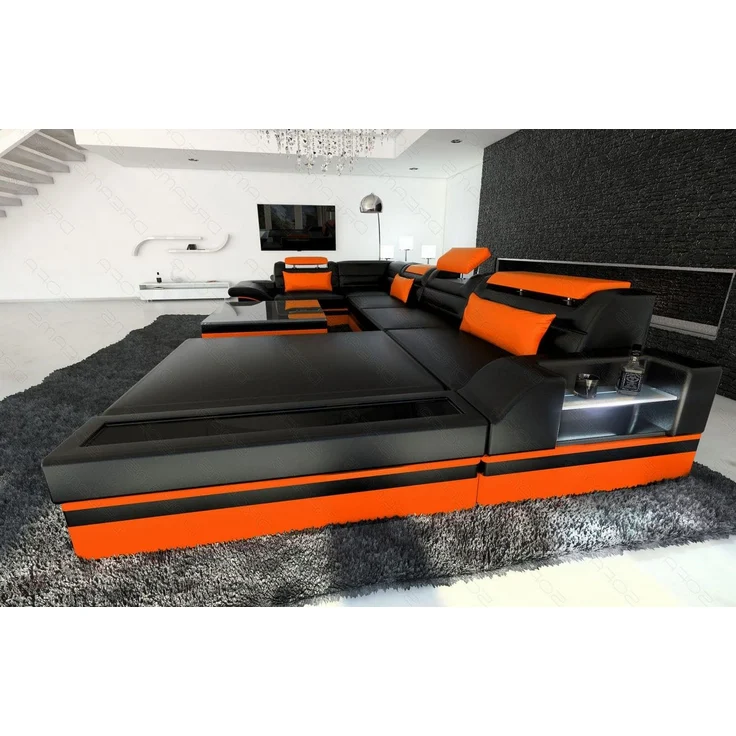 Sofa Dreams - Mini Luxus-Wohnlandschaft Mezzo mit LED-Beleuchtung - Kunstleder - Schwarz-Orange - Rechts – Bild 4
