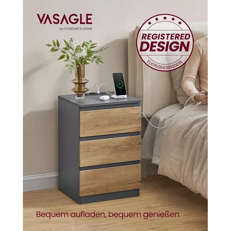 VASAGLE Nachttisch mit Steckdosenleiste, 2er Set, Beistelltisch, 3 Schubladen, 2 AC-Steckdosen, 2 USB-A-Anschlüsse, Wohnzimmer, Schlafzimmer, Arbeitszimmer, modern, schiefergrau-naturbraun LET831G01 – Bild 4