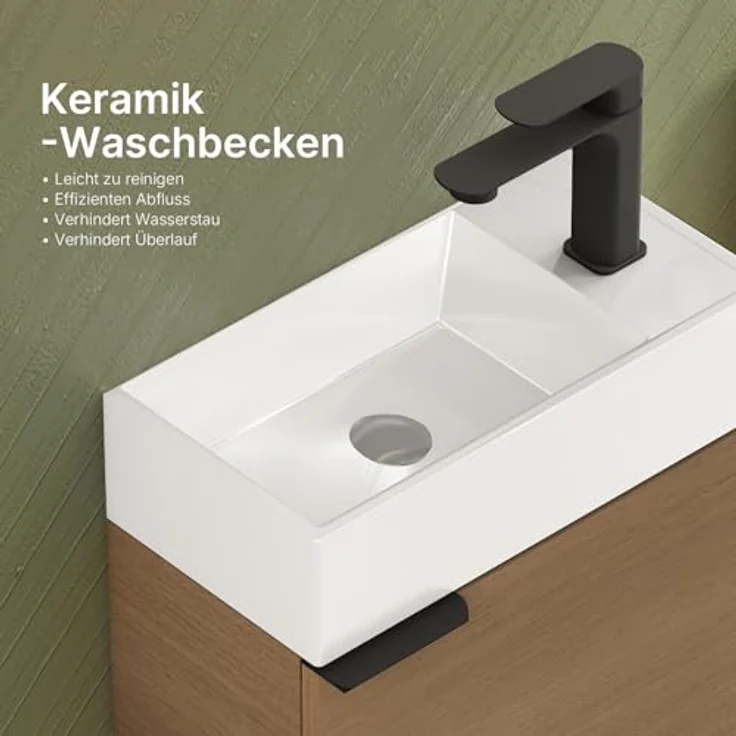 EMKE Waschbecken mit Unterschrank 41 cm, Kompaktes Waschtisch-Set mit Keramikbecken für Gäste-WC & kleines Bad, Waschtisch mit Unterschrank, Sonoma Eiche – Bild 2