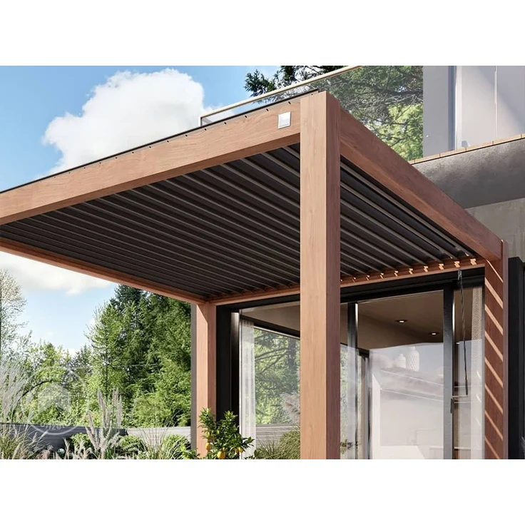 PRIMEYARD Pergola 4x4 m Aluminium Pfosten mit Lamellendach aus Aluminium holzfarbene Terrassenüberdachung – Bild 5