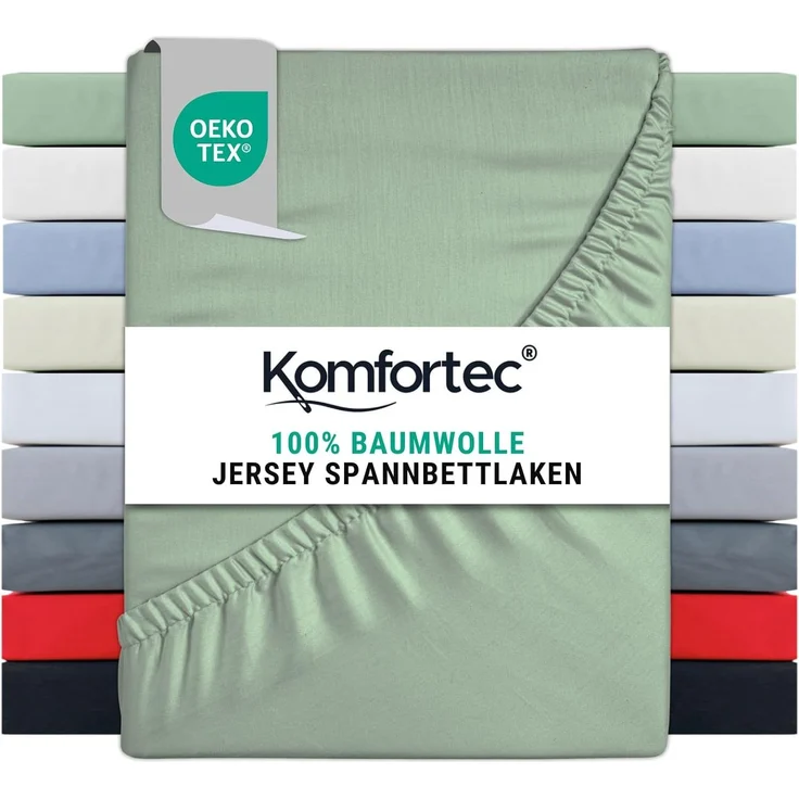 Komfortec Spannbettlaken Jersey 100% Baumwolle – 160x200 cm – 135g/m² – Weich, Atmungsaktiv & Hautfreundlich – Mit Rundumgummi – Oeko-Tex Zertifiziert – Für Boxspring, Topper & Matratzen – Grün – Bild 1